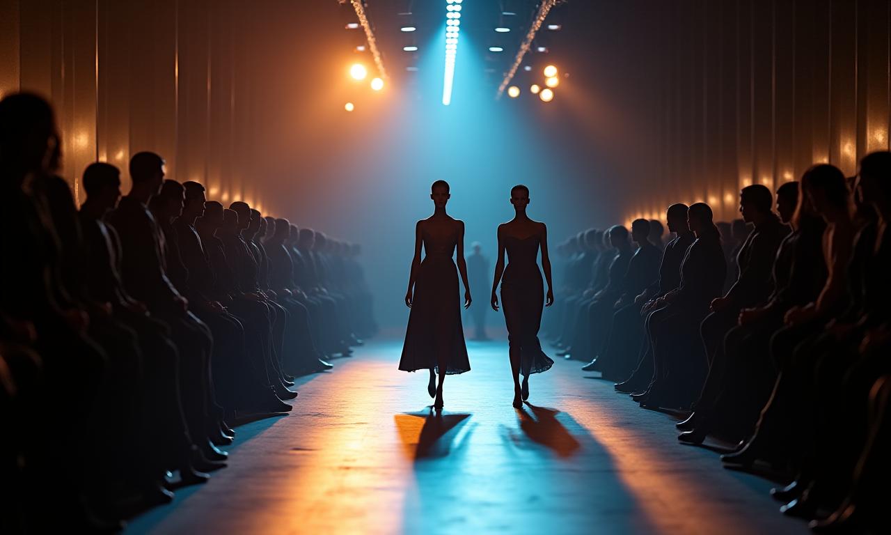 Mannequins marchant sur un podium de défilé de haute couture, lumières vives et ambiance dynamique.