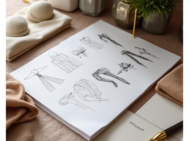 Gros plan sur une table de consultation élégante avec des échantillons de tissus et des croquis de mode, symbolisant le début d'un processus créatif.