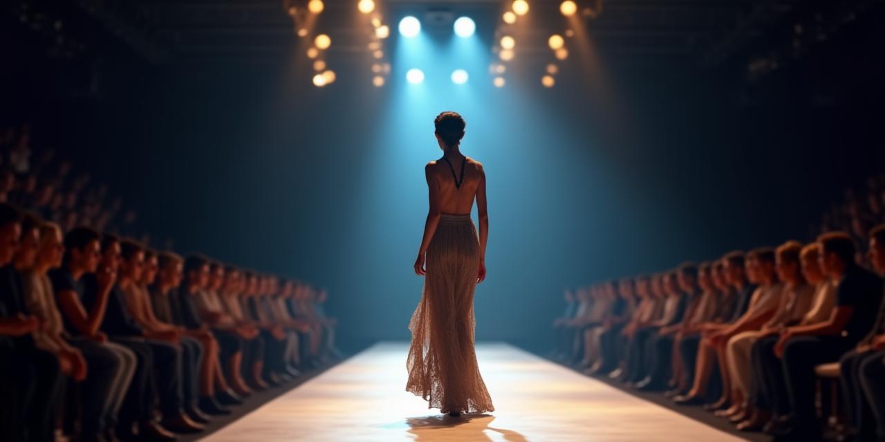 Un mannequin élégant sur un podium, entouré de jeux de lumière, symbolisant l'expertise en conseil mode de luxe.